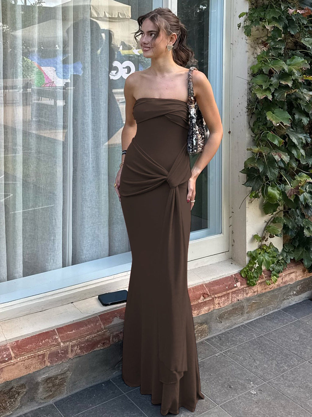 Damen Strapless Maxikleid mit raffiniertem Wickeldesign
