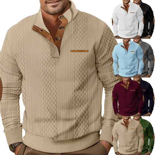 Herren Strukturiertes Kabelstrick-Sweatshirt mit Halbknopfblende, Kunstleder‑Patchtasche & Ellbogenpatches Shop Nory