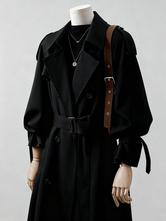 Damen Doppelreihiger Trenchcoat mit Taillengürtel und Ballonärmeln Shop Nory