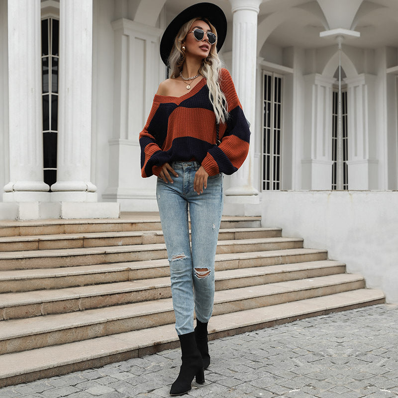 Damen Gestreifter Oversize V‑Ausschnitt Pullover im Grobstrick Shop Nory