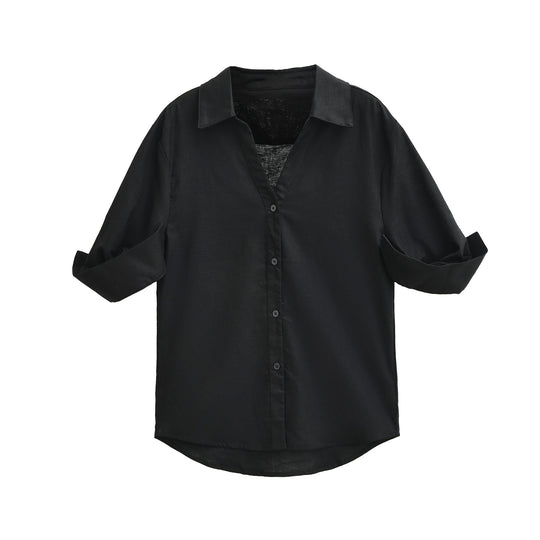 Damen Leichte Oversize Leinenoptik-Bluse mit Kentkragen und krempelbaren Ärmeln Shop Nory