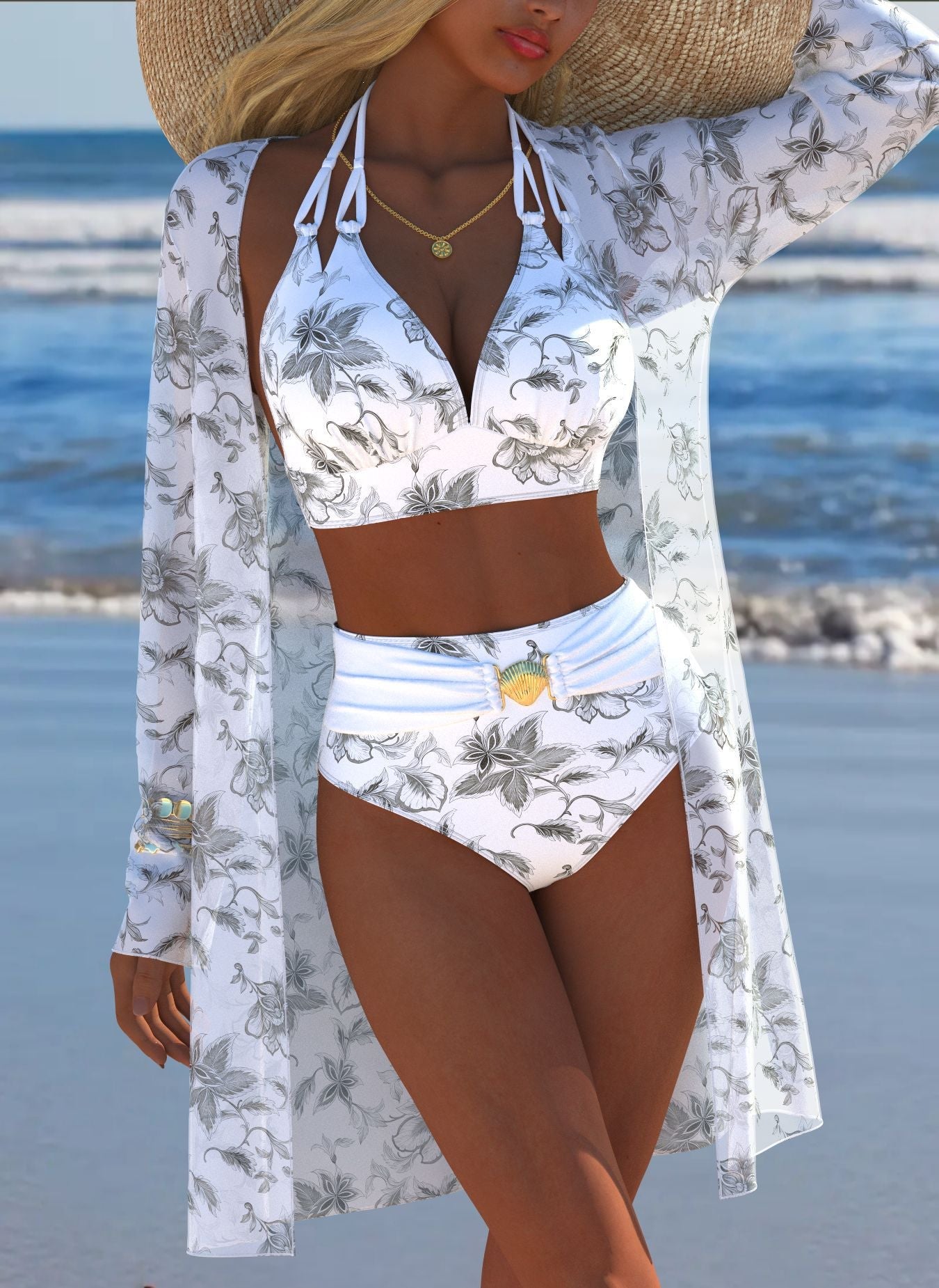 Damen Bikini-Set mit kreativem geometrischen Design und hohem Bund