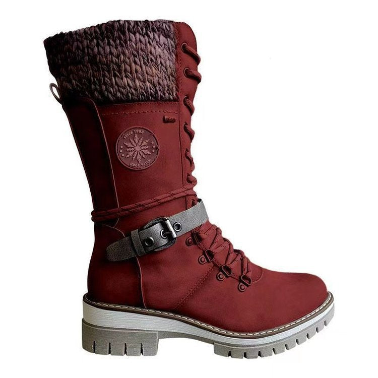 Damen nan knöchel- bis wadenhohe Schnürstiefel mit gestrickter Manschette, wasserdichter Membran, dekorativer Schnallenlasche und robuster Profilsohle Shop Nory