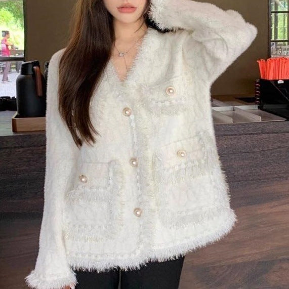 Damen Flauschige Strickjacke mit Perlen-Dekor Shop Nory