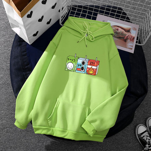 Damen nan oversized Kapuzenpullover mit Cartoon-Getränkekarton-Print, Kängurutasche und weichem Innenfutter Shop Nory