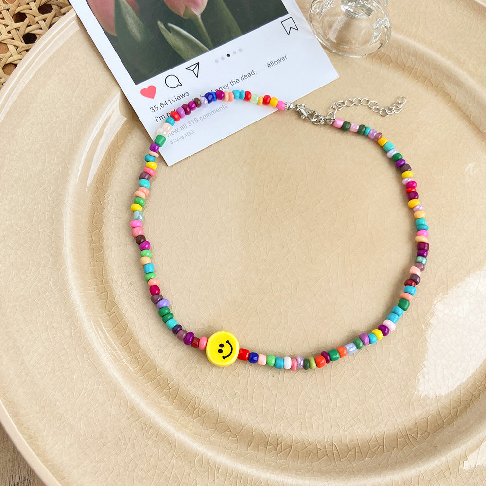 Damen Halskette mit bunten Perlen und Smiley-Anhänger Shop Nory