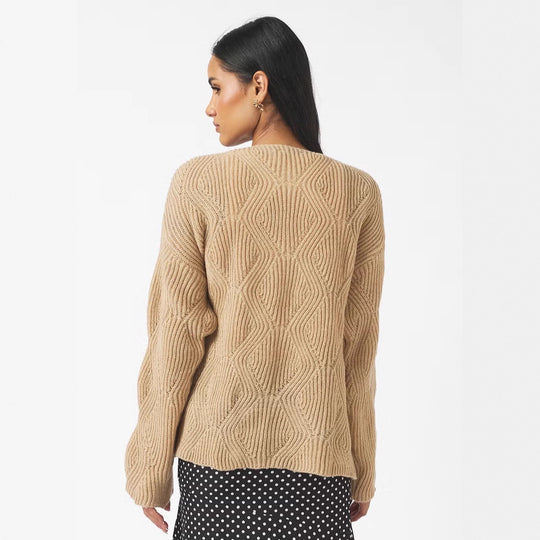 Damen Oversize Strickpullover mit V-Ausschnitt, Kordelzug und Rautenstruktur Shop Nory