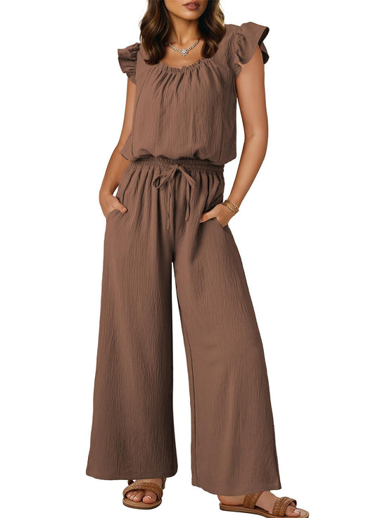 Damen Crinkle-Overall mit weitem Bein, elastischem Taillenbund und Rüschenärmeln Shop Nory