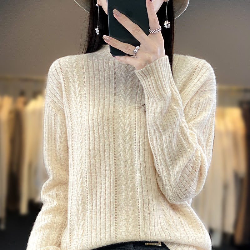 Damen Kaschmirähnlicher Feinstrick-Mockneckpullover mit Ajour‑Zopfmuster und lässiger Oversize‑Passform Shop Nory