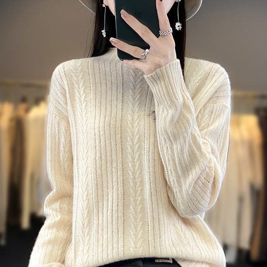 Damen Kaschmirähnlicher Feinstrick-Mockneckpullover mit Ajour‑Zopfmuster und lässiger Oversize‑Passform Shop Nory