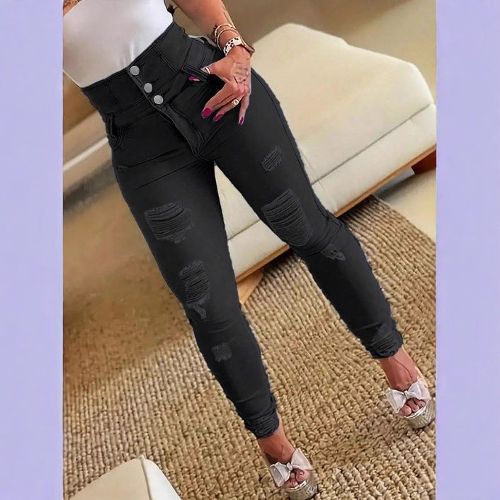 Damen Hochtaillierte Sculpting-Skinny-Jeans mit Rissen und Dreifachknopf Shop Nory