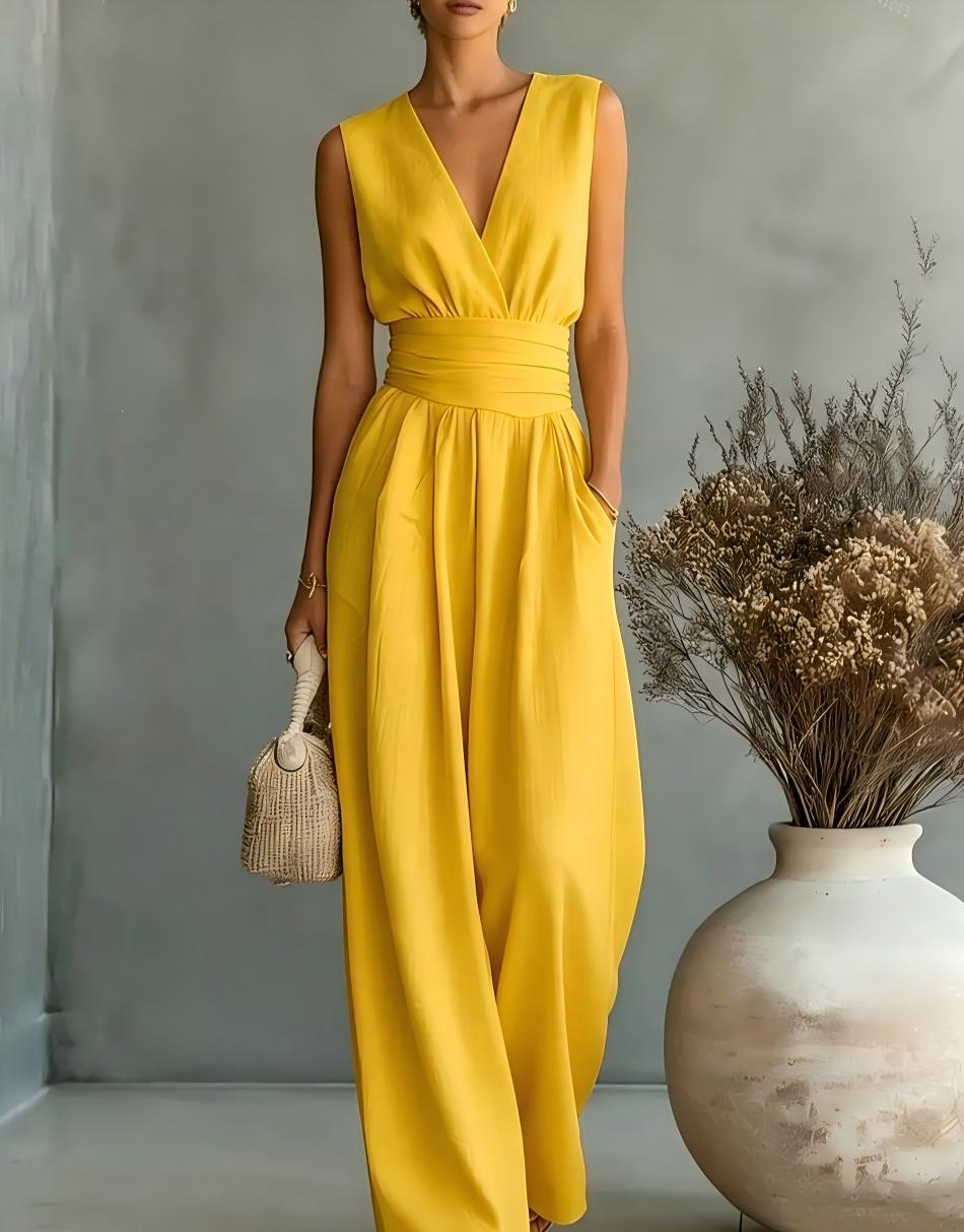 Eleganter Ärmelloser Jumpsuit mit Tiefem V-Ausschnitt, Taillenbund und Weitem Bein
