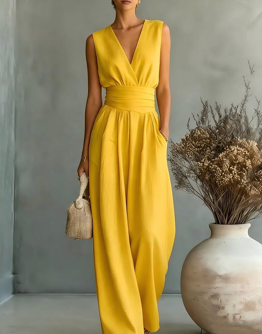 Eleganter Ärmelloser Jumpsuit mit Tiefem V-Ausschnitt, Taillenbund und Weitem Bein