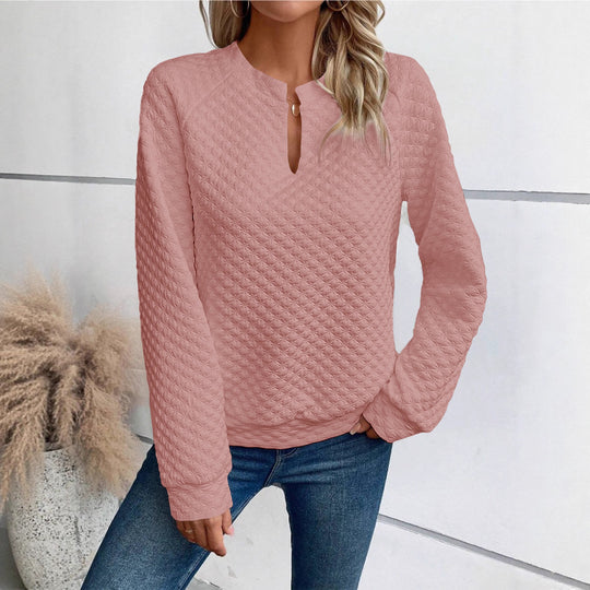 Damen Gestepptes Sweatshirt mit Schlitzkragen, Rautenstruktur und Raglanärmeln Shop Nory