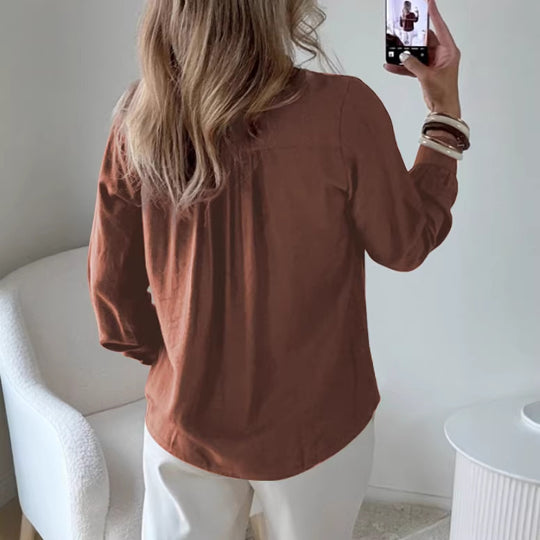 Damen Bluse mit V‑Ausschnitt, geraffter Schulterpasse und Ballonärmeln Shop Nory