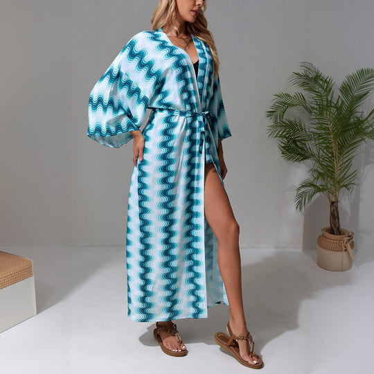 Damen Langer Strandkaftan mit V-Ausschnitt, Taillen-Bindegürtel & hohem Beinschlitz Shop Nory