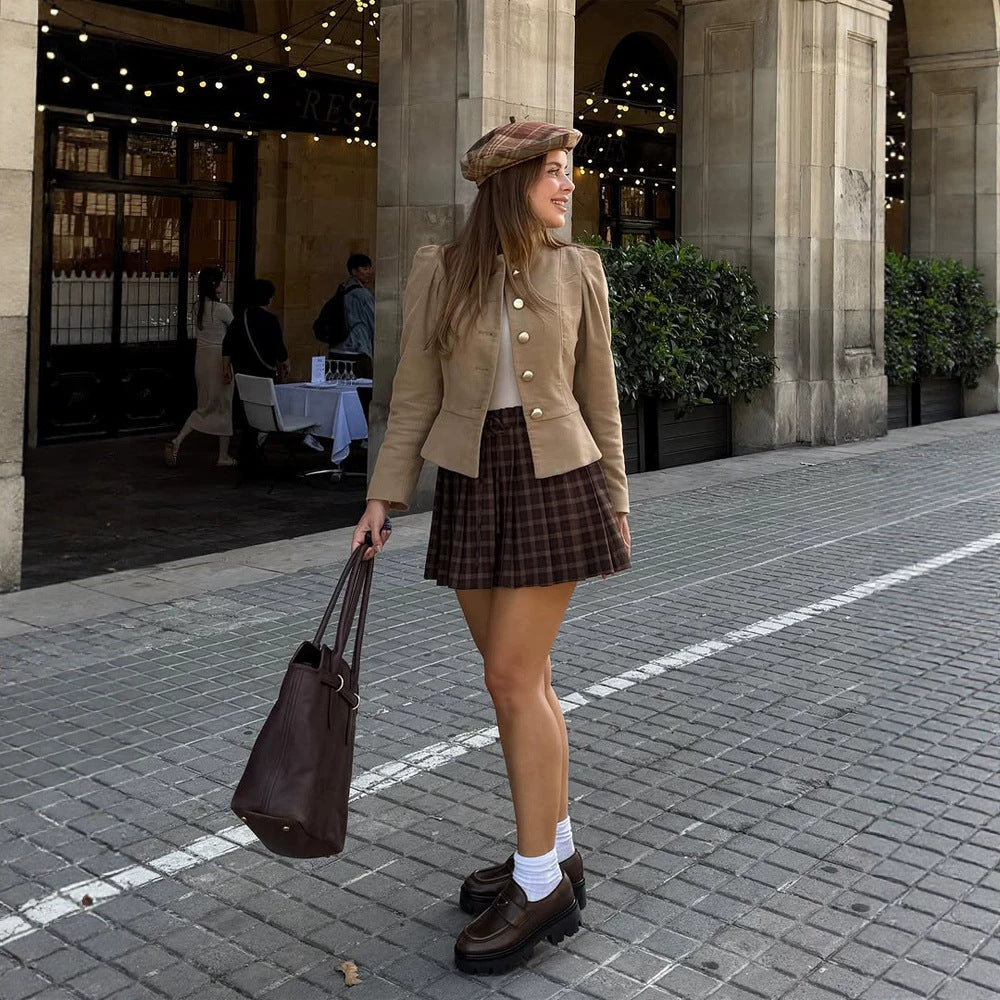 Damen Taillierter Wildlederoptik-Blazer mit Stehkragen und goldenen Zierknöpfen Shop Nory