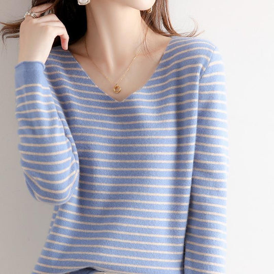 Damen Zarter Streifen-V‑Ausschnittpullover aus feinem Rippstrick mit weichem Fall Shop Nory