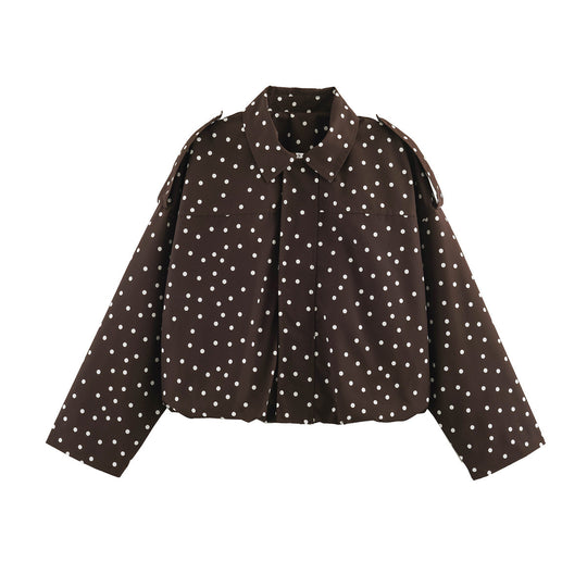 Damen Gepunktete Cropped Blusenjacke mit Hemdkragen und Schulterklappen Shop Nory