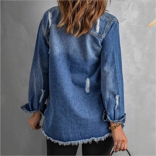 Damen Lässige Oversize-Denimjacke mit Destroyed‑Details, Hemdkragen und Fransen‑Saum Shop Nory