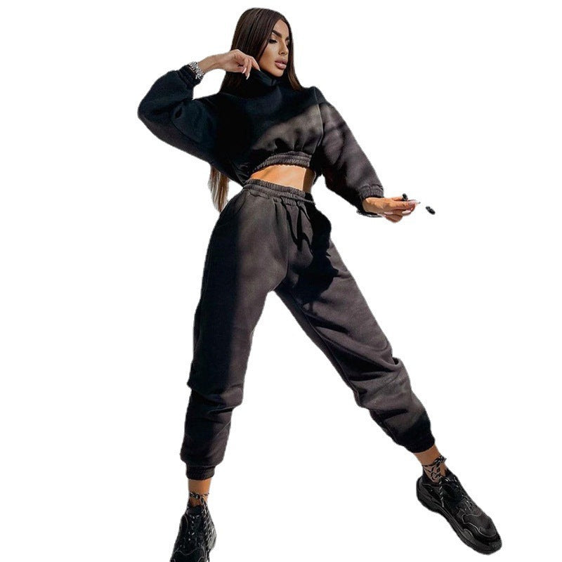 Damen cropped Kapuzen-Sweatset mit elastischem Rippbund und High-Waist Jogginghose Shop Nory