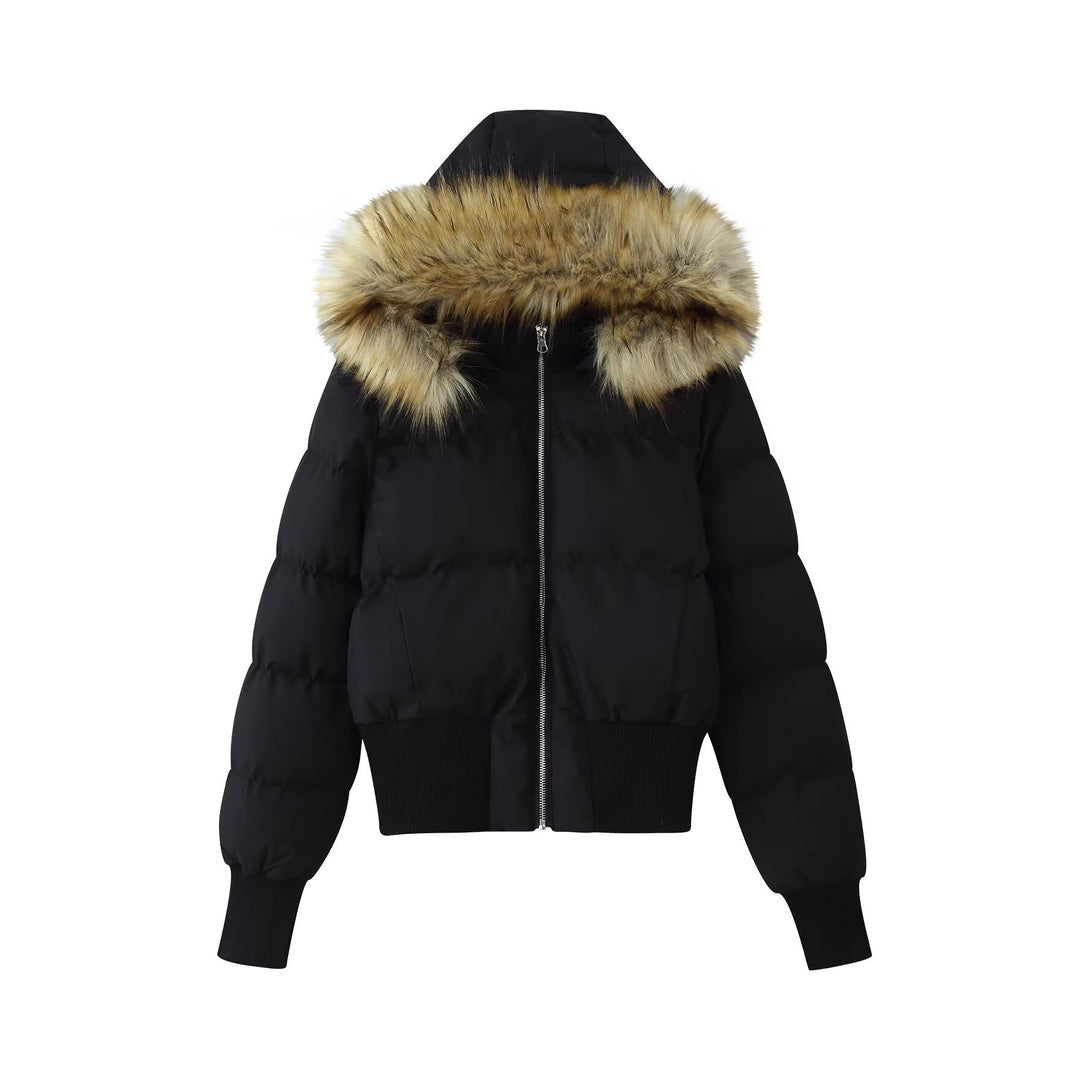 Damen Gepolsterte Cropped-Bomberjacke mit Kapuze und abnehmbarem Kunstpelzbesatz Shop Nory