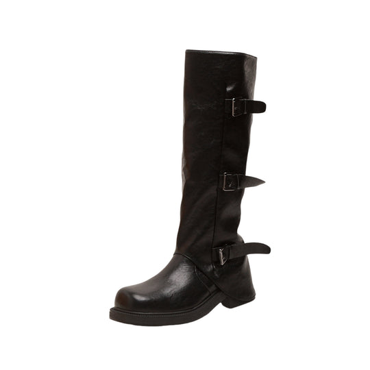 Damen Wadenhohe Stiefel mit dreifacher Gürtelschnalle und profilierter Plateausohle Shop Nory