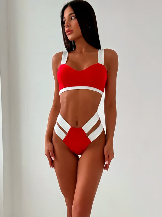Damen Sportlicher Bikini mit kontrastierenden Farbelementen Shopnory