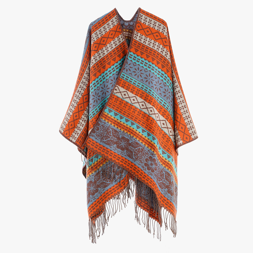 Damen Cape-Poncho mit mehrfarbigem Jacquard, offener Front und Fransensaum Shop Nory