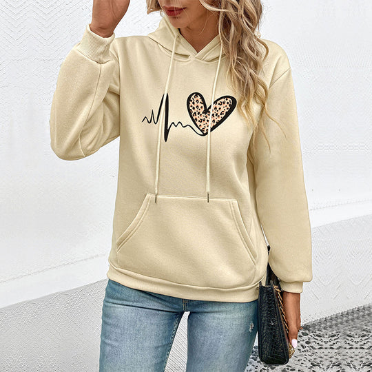 Damen Kapuzenpullover mit Herz‑EKG‑Print, Kängurutasche und lockerer Passform Shop Nory