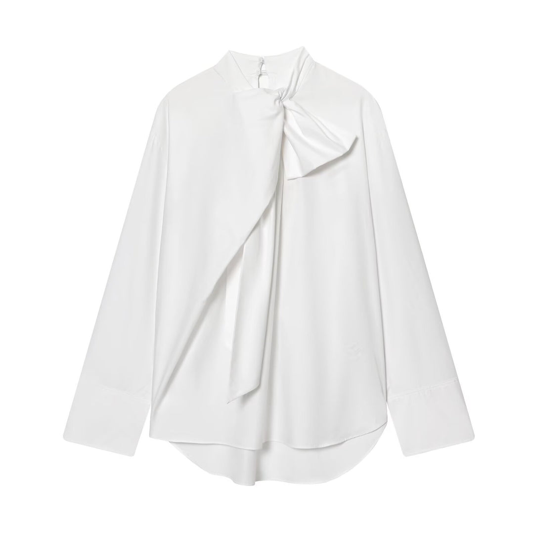Damen Seidige Schluppenbluse mit Zierschal und verlängertem Rückensaum Shop Nory