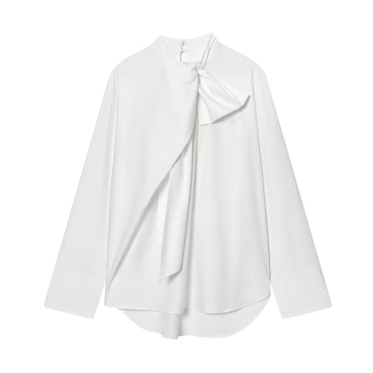 Damen Seidige Schluppenbluse mit Zierschal und verlängertem Rückensaum Shop Nory
