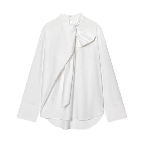 Damen Seidige Schluppenbluse mit Zierschal und verlängertem Rückensaum Shop Nory