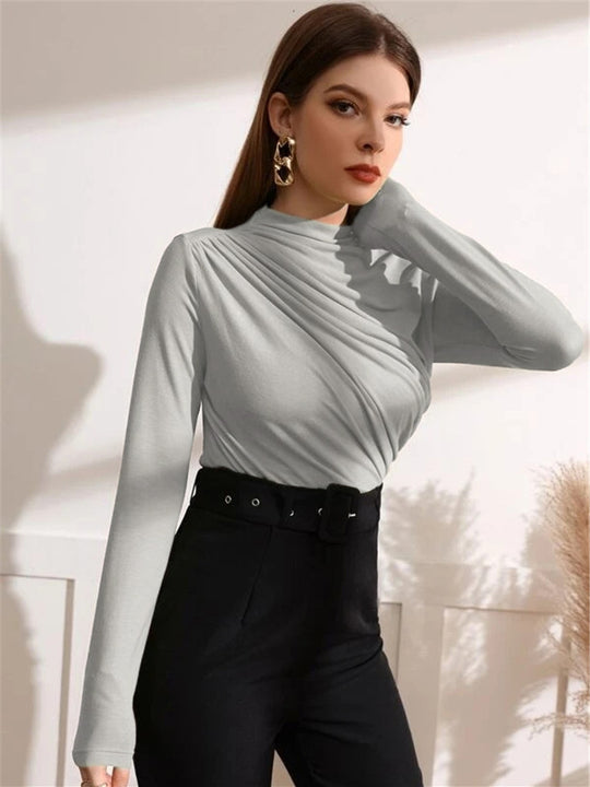 Damen Figurbetontes Langarmshirt mit seitlichem Drapieren und Stehkragen Shop Nory