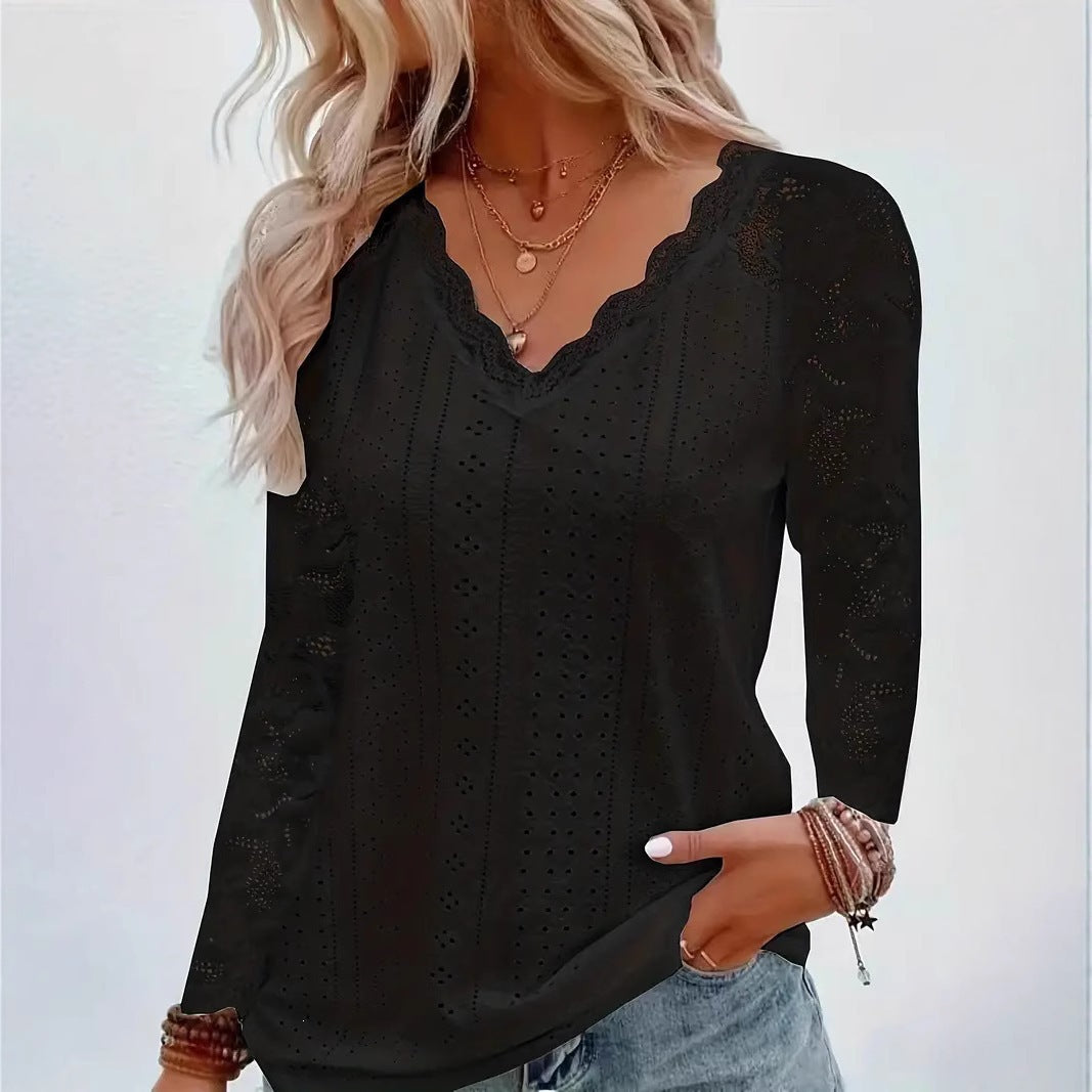 Damen Langarmbluse aus Lochstickerei mit Spitzen‑V‑Ausschnitt und floralem Netzärmel Shop Nory