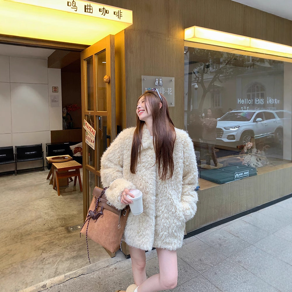 Damen Oversized Kunstfell‑Mantel mit Teddy‑Optik, Stehkragen und Eingrifftaschen Shop Nory