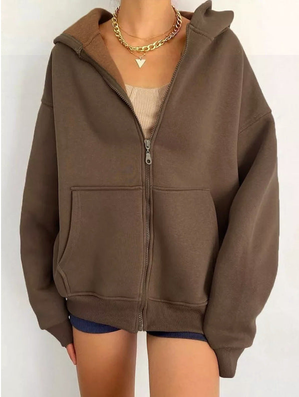 Damen nan minimalistisches French-Terry Zip-Hoodie mit durchgehendem Reißverschluss, Kängurutasche und Daumenloch-Ärmeln Shop Nory