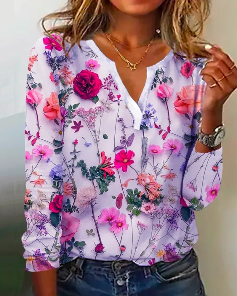 Damen Floral Lange Bluse im Chiffon-Look mit V-Schlitz und Lässiger Silhouette Shop Nory