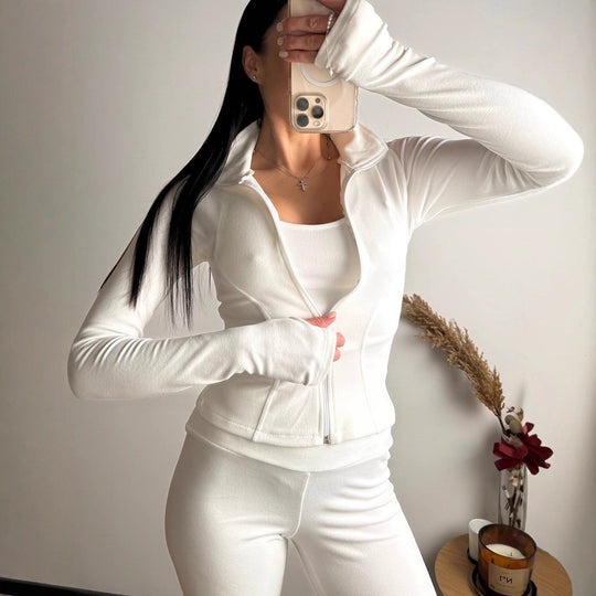 Damen Figurbetontes Freizeit-Set mit Reißverschlussjacke und taillenhohen Leggings aus Stretch mit Daumenlöchern Shop Nory