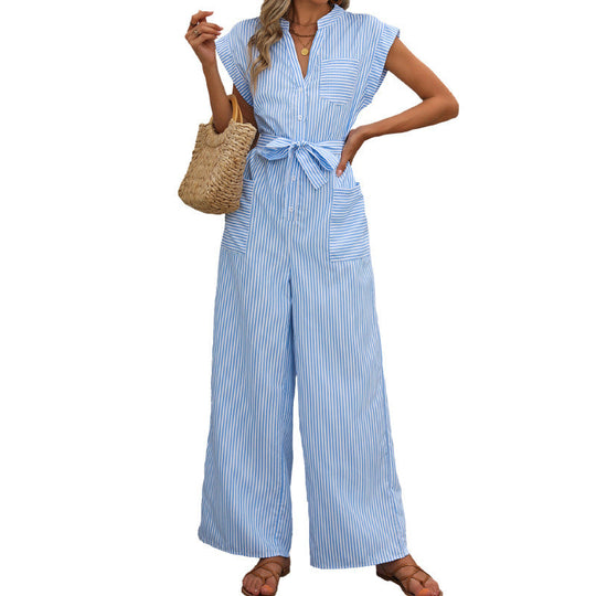 Damen Gestreifter Jumpsuit mit weitem Bein, Taillenschärpe und Hemdblusen-Detail Shop Nory