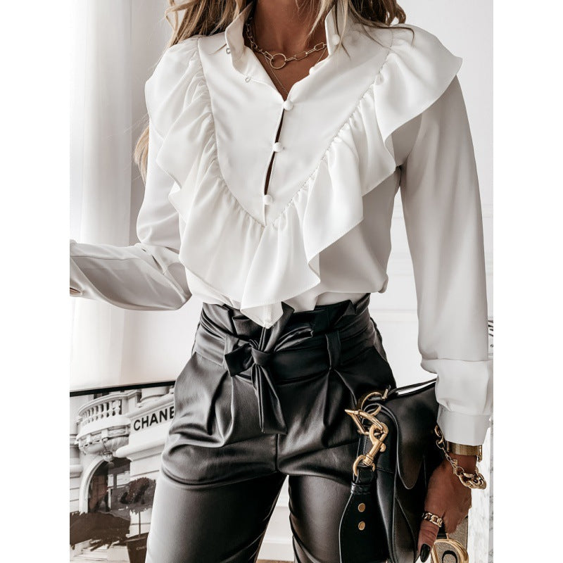 Damen Volantbluse mit Rüschenkragen, geraffter Taille und Tupfenprint Shop Nory