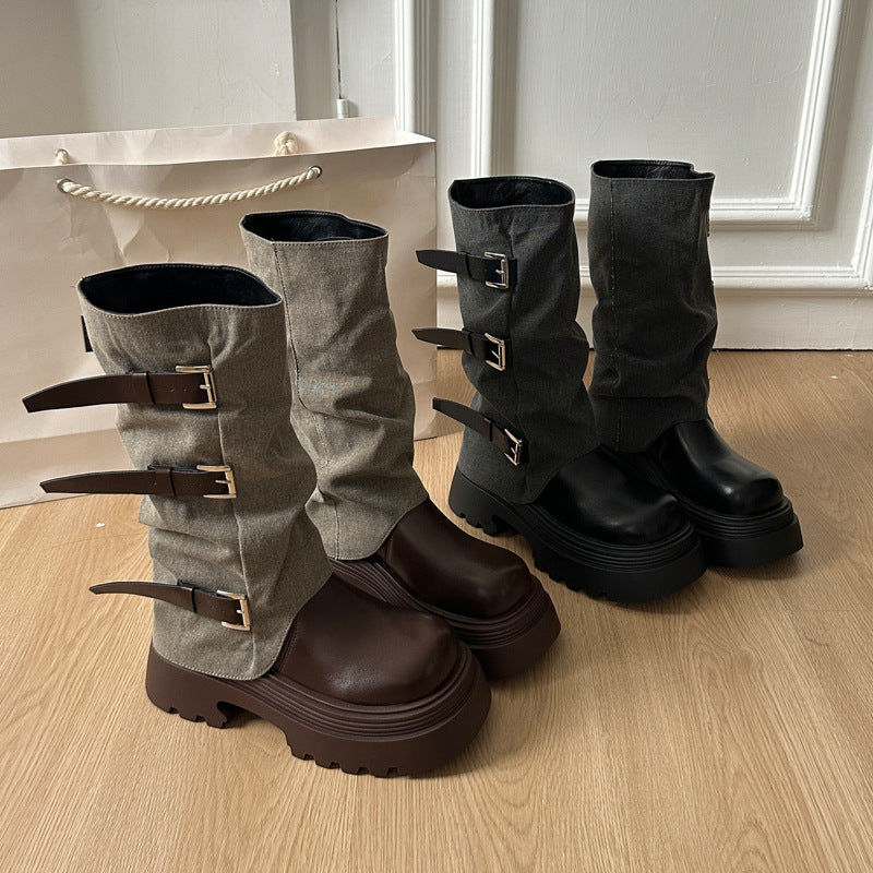 Damen Boots mit modischer Schnallenverzierung und robustem Plateau-Heel