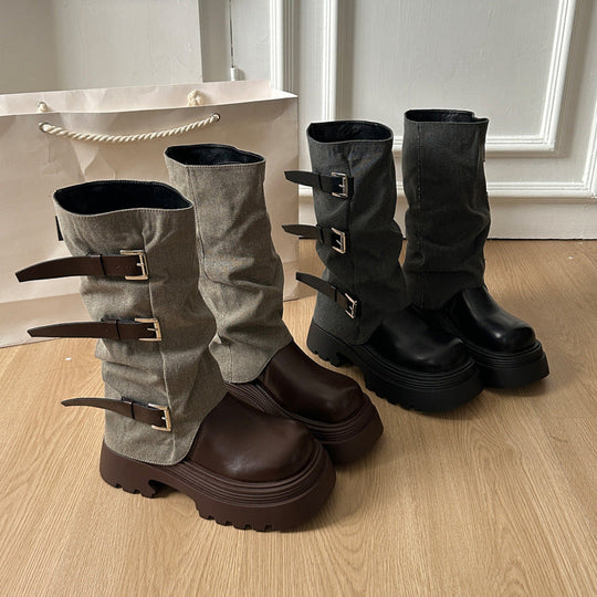 Damen Boots mit modischer Schnallenverzierung und robustem Plateau-Heel