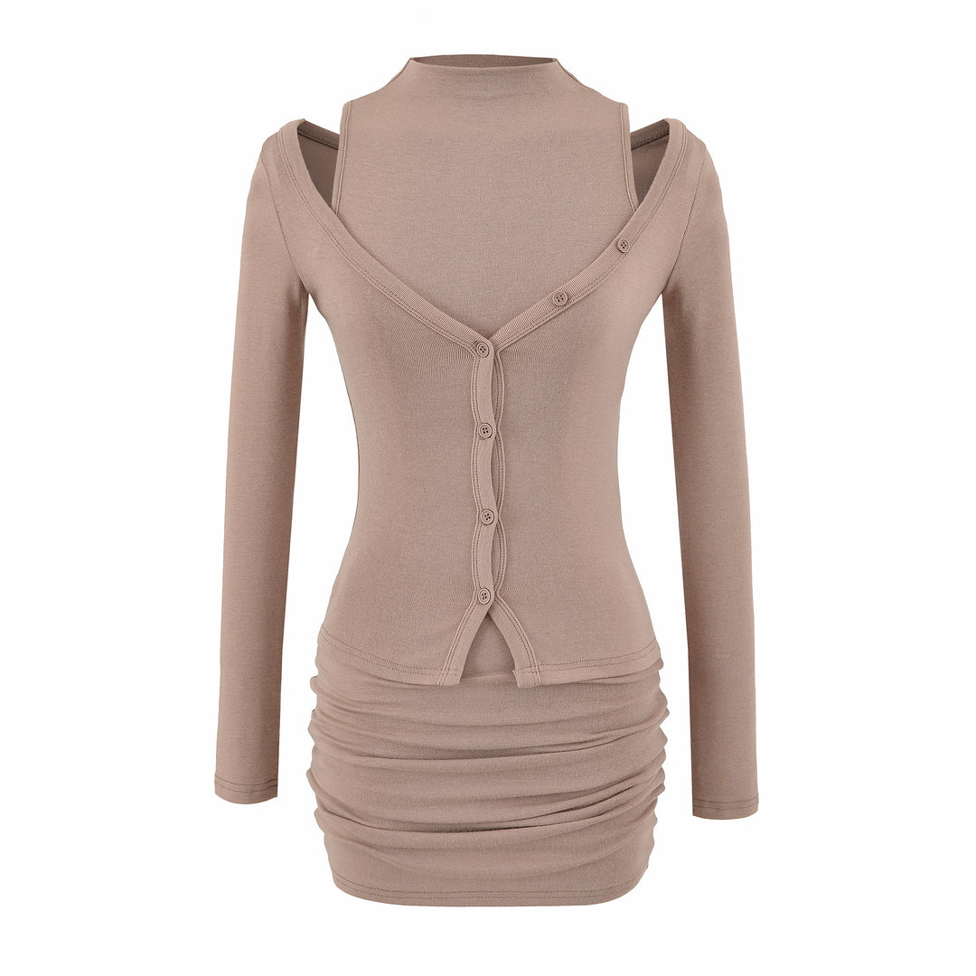 Damen Zweiteiliges Strick-Set mit integrierter Highneck-Weste und asymmetrischer Knopf-Cardigan Shop Nory