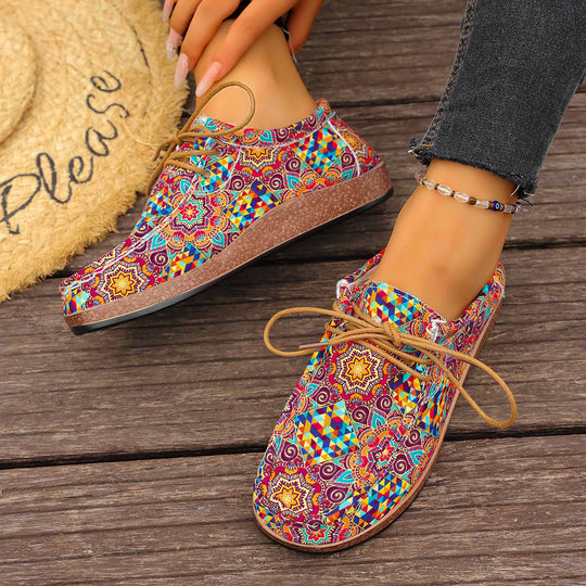 Damen bunte gemusterte Canvas-Schnürschuhe mit leichter Plateau-Sohle Shop Nory