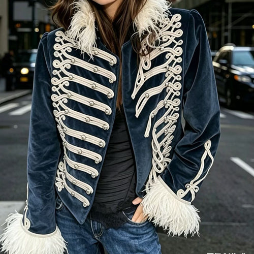 Damen Samt-Militärjacke mit Federbesatz und Zierpaspelierung Shop Nory