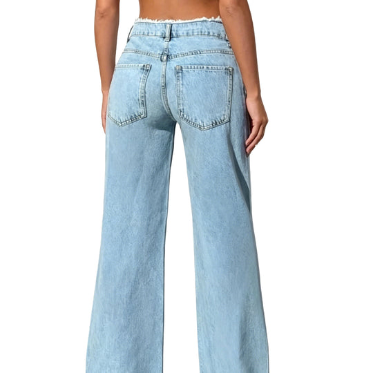 Damen High-Waist Schlagjeans mit rohem Bund und weitem Bein Shop Nory