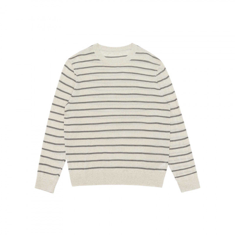 Unisex Leichter Feinstrickpullover mit Rundhalsausschnitt, feinen Querstreifen und geripptem Saum Shop Nory