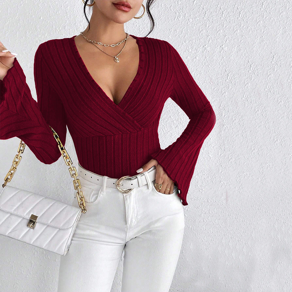 Damen gerippte Wickel-Strickbluse mit tiefem V-Ausschnitt und ausgestellten Glockenärmeln Shop Nory