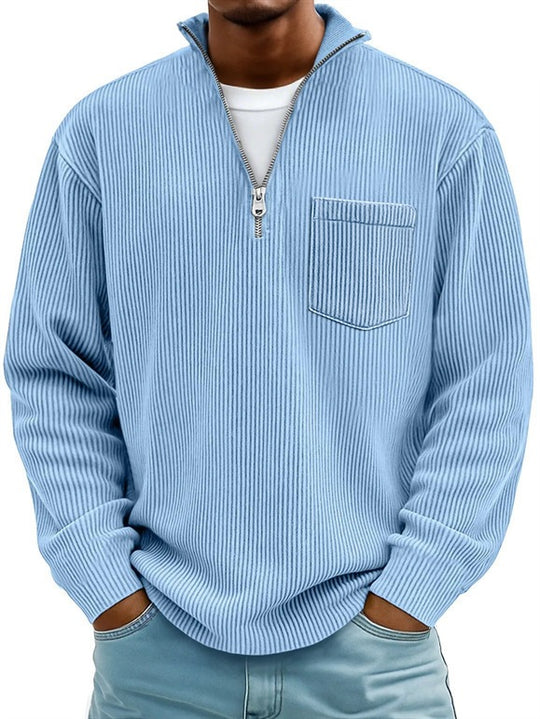Herren Rippstrickpullover mit kurzem Reißverschluss und Brusttasche EB